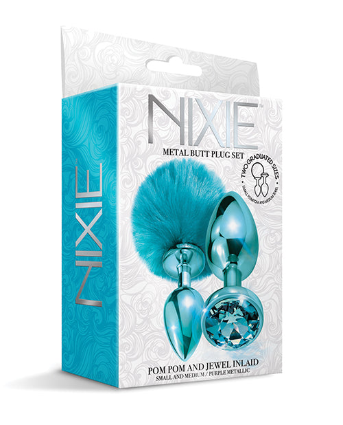 Nixie Set de Plug Anal de Metal Pom Pom & Jewel Azul Metálico