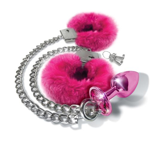 Conjunto de tapón metálico rosa y puño peludo