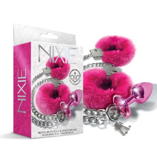Conjunto de tapón metálico rosa y puño peludo