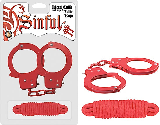 Passion's Metal Embrace Cuffs with Crimson Bondage Rope