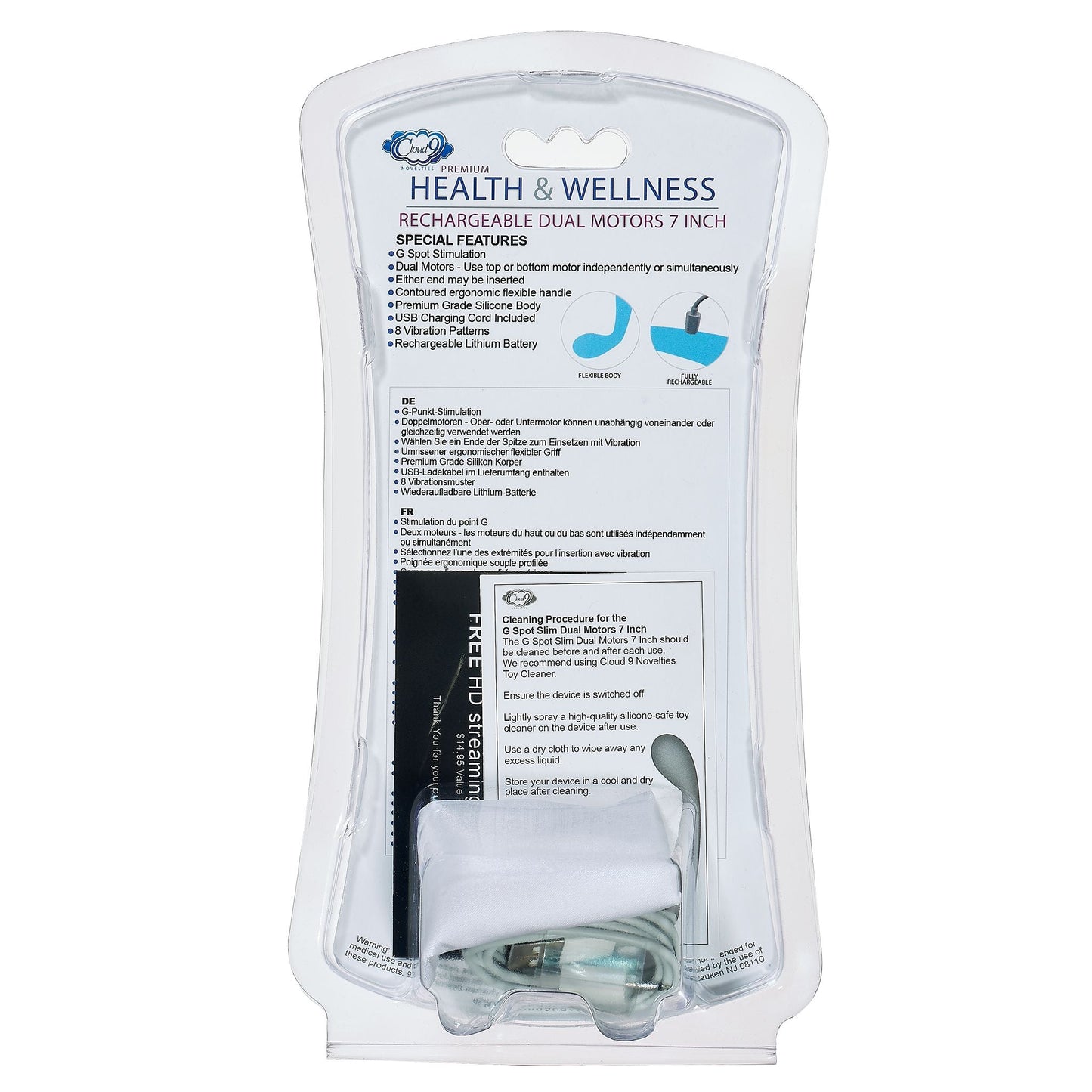 Cloud 9 Health & Wellness Punto G recargable Slim 7 pulgadas Motores duales Aqua Blue