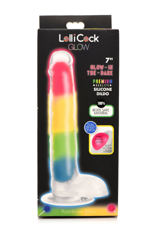 Lollicock Consolador de silicona arcoíris que brilla en la oscuridad de 7 pulgadas con bolas