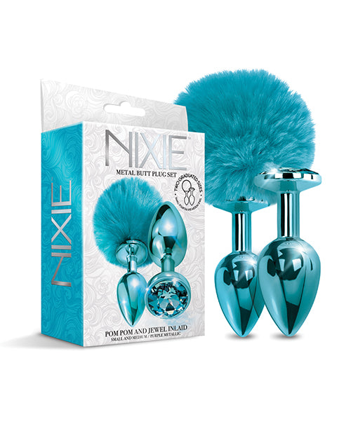 Nixie Set de Plug Anal de Metal Pom Pom &amp; Jewel Azul Metálico