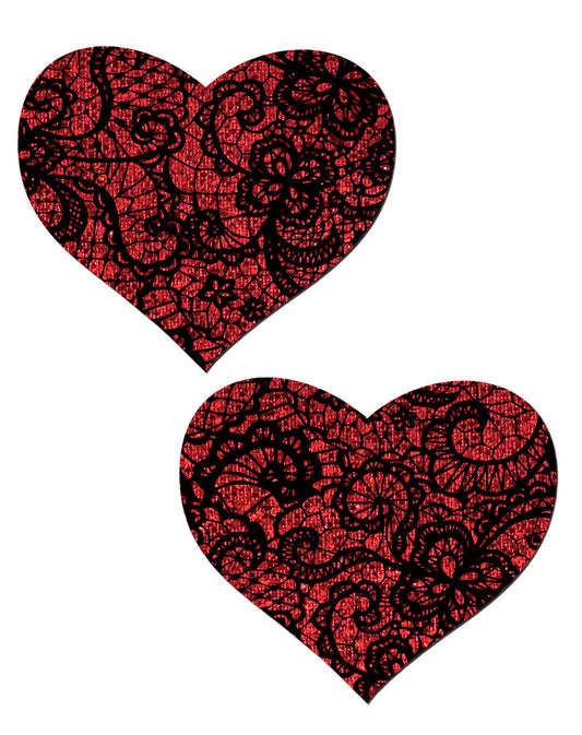 Pastease Corazón De Brillo Rojo Con Capa De Encaje Negro