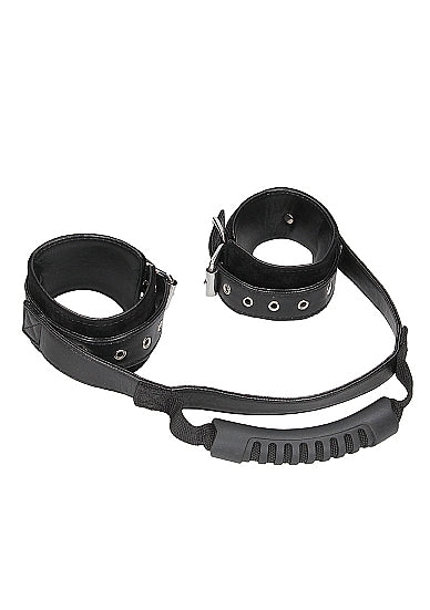 Esposas de cuero regenerado en blanco y negro con asa y correas ajustables