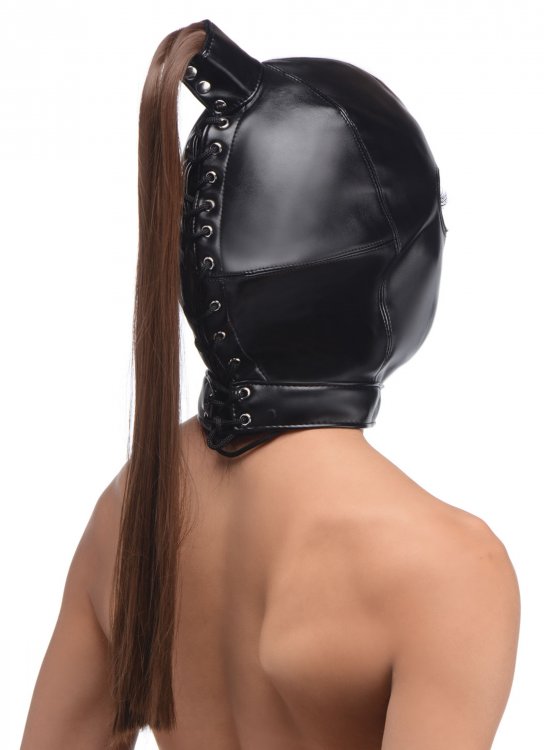 Capucha de bondage de cola de caballo estricta